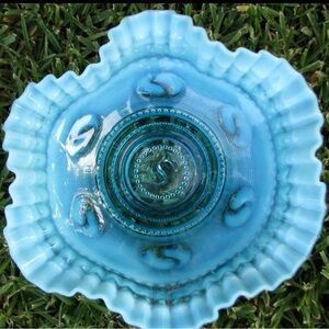 1904 Jefferson ASTRO Blue Opalescent Candy Ribbon Edge Ruffled Bowl 8.75" GLOWS!
